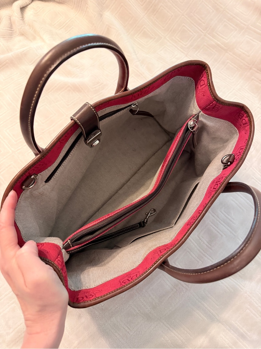 Dooney & Bourke Red Tote with Brown Leather Trim and Pouch - Picture 10 of 11